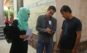 A party organizer practices voter canvassing through a door-to-door exercise. Photo credit: Munira Aziz, NDI Afghanistan